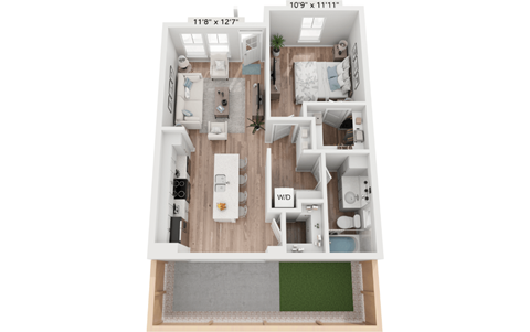 Floor plan for 1 bed, 1 bath, 624 sqft